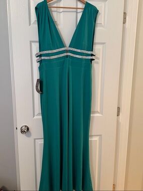 bebe Teal V‑Neck Maxi Dress with Rhinestone Waist Straps